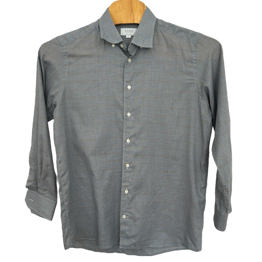 Eton Men’s Plaid Button-Down Gray Check Long Sleeve Luxury Dress Shirt Sz XL‎